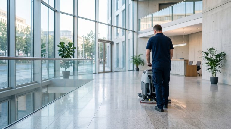 Mitarbeiter der Gebäudereinigung Bremen reinigt mit einer Scheuersaugmaschine den Boden einer hellen Bürolobby