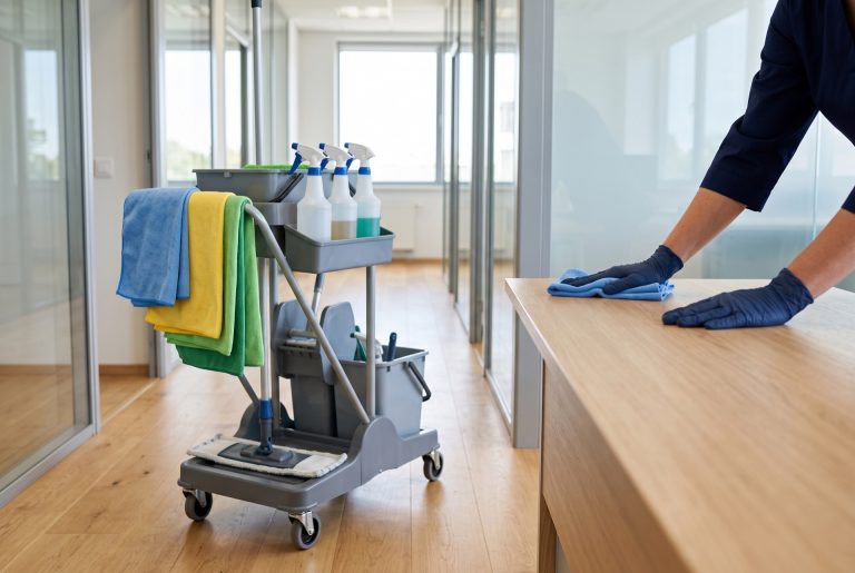 Reinigungswagen und Mikrofasertuch bei der Unterhaltsreinigung in einem modernen Büroflur in Bremen