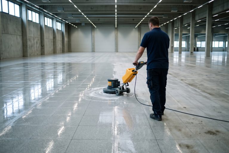 Grundreinigung einer Gewerbehalle in Bremen mit Einscheibenmaschine, halb gereinigter glänzender Boden