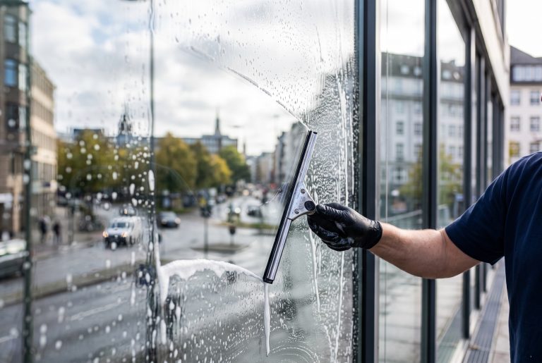 Professionelle Fensterreinigung in Bremen: Abzieher auf der eingeseiften Glasfassade eines Bürogebäudes