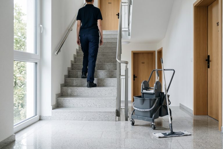Treppenhausreinigung in einem Bremer Mehrfamilienhaus mit Reinigungswagen und frisch gewischtem Boden