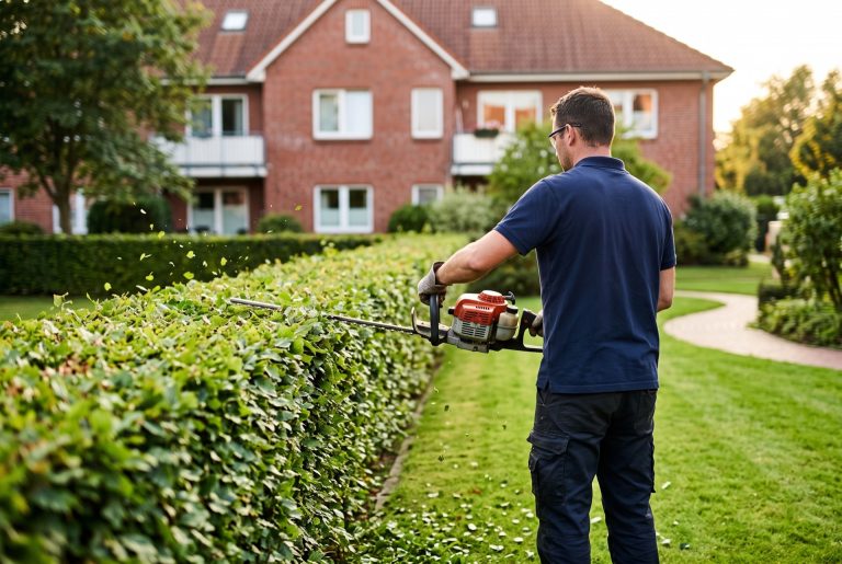 Grünpflege in Bremen: Mitarbeiter schneidet die Hecke einer Wohnanlage mit dem Heckenschneider