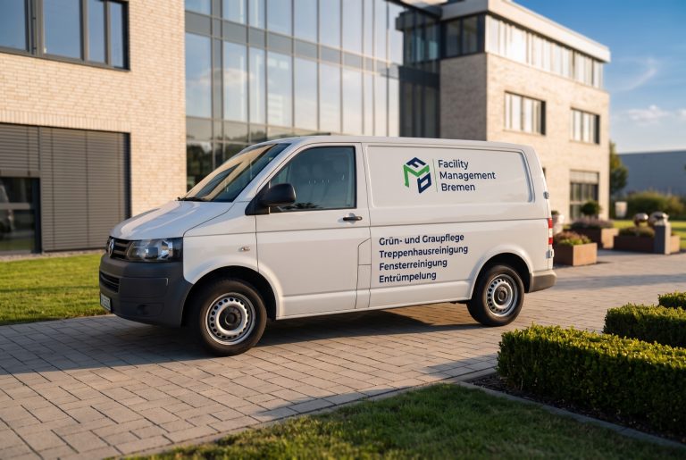 Firmenwagen von Facility Management Bremen vor einem modernen Bürogebäude, Logo auf der Seitentür